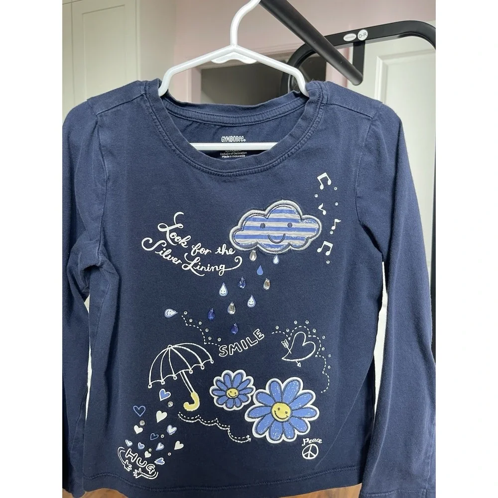 Gymboree Girls Size 5 Blue Long Sleeve T-Shirt Graphic Cloud Embroidered
